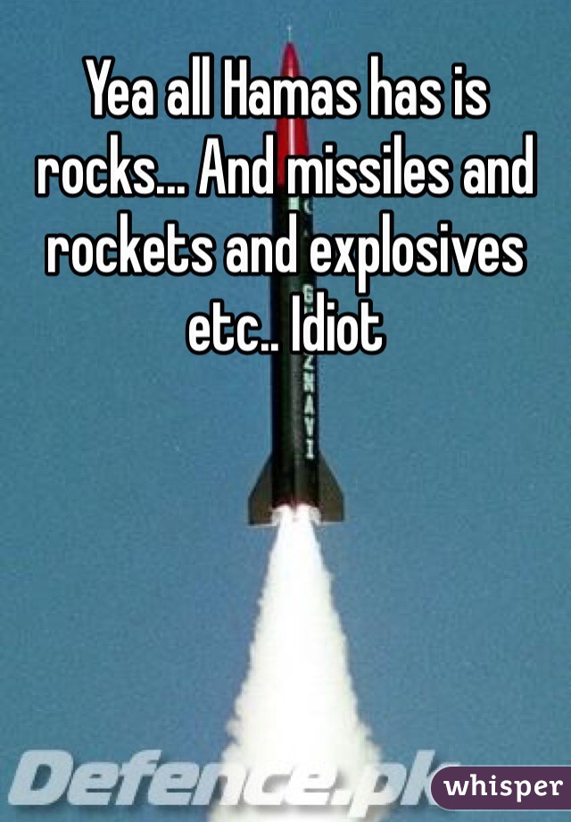 Yea all Hamas has is rocks... And missiles and rockets and explosives etc.. Idiot 