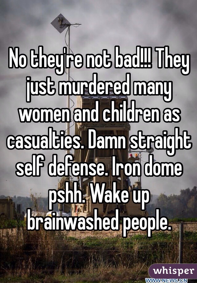 No they're not bad!!! They just murdered many women and children as casualties. Damn straight self defense. Iron dome pshh. Wake up brainwashed people. 