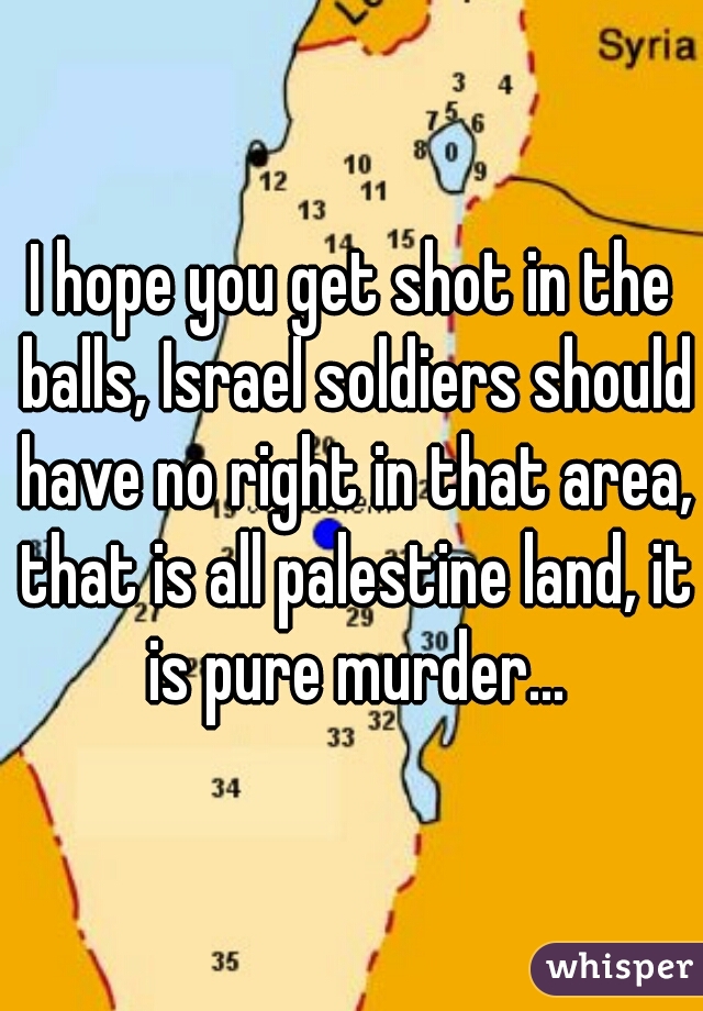 I hope you get shot in the balls, Israel soldiers should have no right in that area, that is all palestine land, it is pure murder...