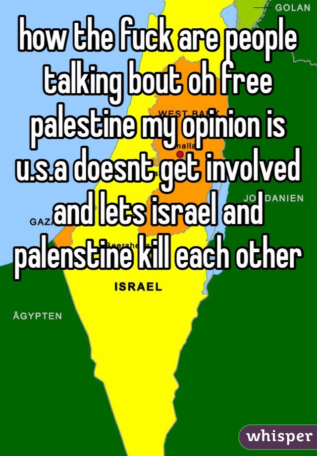 how the fuck are people talking bout oh free palestine my opinion is u.s.a doesnt get involved and lets israel and palenstine kill each other