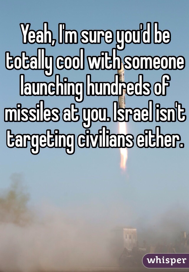 Yeah, I'm sure you'd be totally cool with someone launching hundreds of missiles at you. Israel isn't targeting civilians either. 