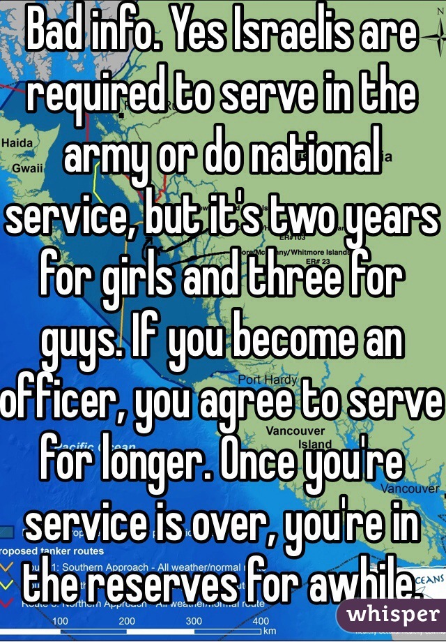 Bad info. Yes Israelis are required to serve in the army or do national service, but it's two years for girls and three for guys. If you become an officer, you agree to serve for longer. Once you're service is over, you're in the reserves for awhile.