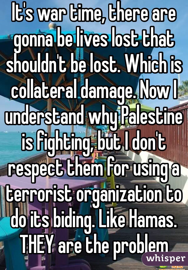 It's war time, there are gonna be lives lost that shouldn't be lost. Which is collateral damage. Now I understand why Palestine is fighting, but I don't respect them for using a terrorist organization to do its biding. Like Hamas. THEY are the problem 