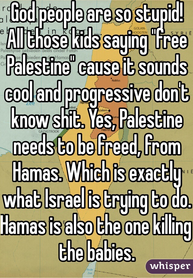 God people are so stupid!
All those kids saying "free Palestine" cause it sounds cool and progressive don't know shit. Yes, Palestine needs to be freed, from Hamas. Which is exactly what Israel is trying to do. 
Hamas is also the one killing the babies. 