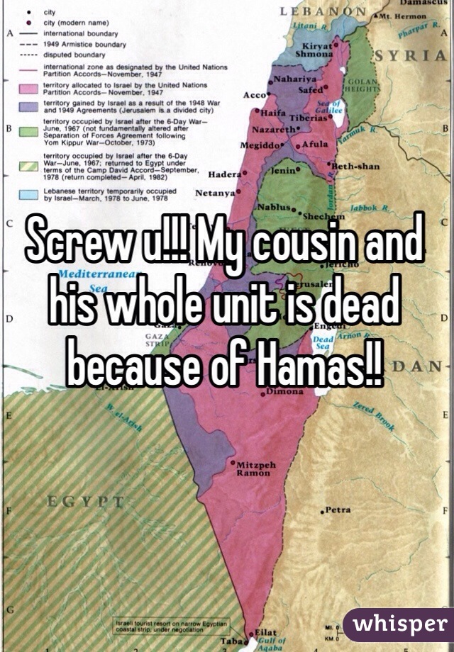 Screw u!!! My cousin and his whole unit is dead because of Hamas!! 