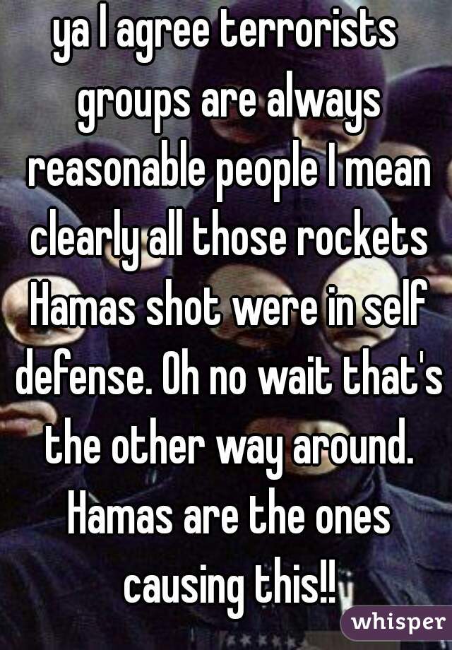 ya I agree terrorists groups are always reasonable people I mean clearly all those rockets Hamas shot were in self defense. Oh no wait that's the other way around. Hamas are the ones causing this!!