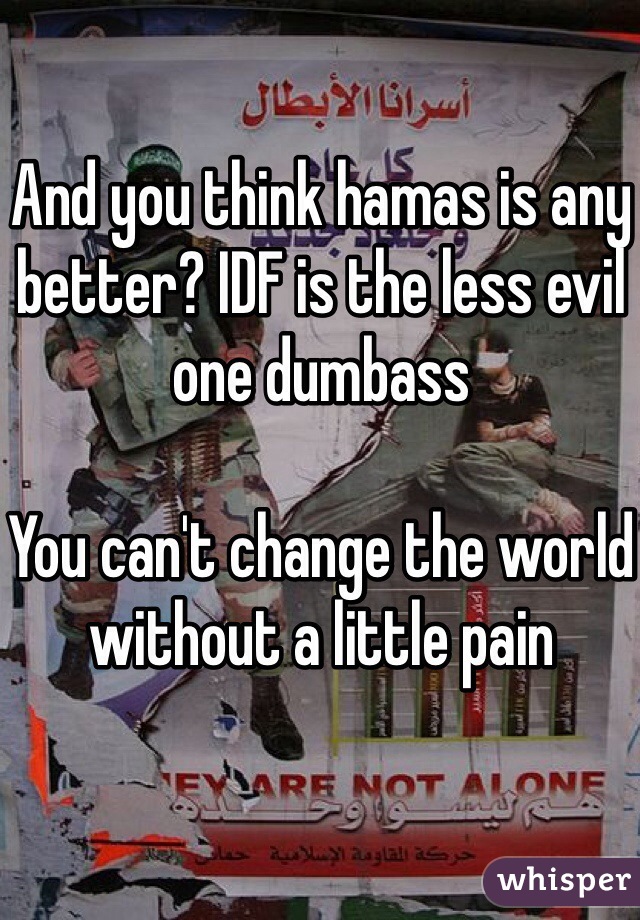 And you think hamas is any better? IDF is the less evil one dumbass

You can't change the world without a little pain