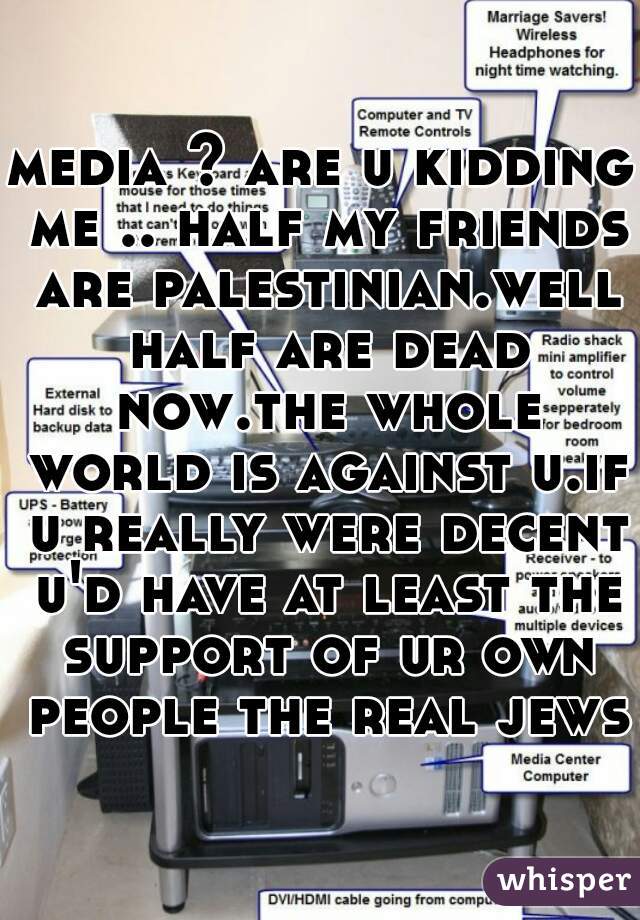 media ? are u kidding me .. half my friends are palestinian.well half are dead now.the whole world is against u.if u really were decent u'd have at least the support of ur own people the real jews