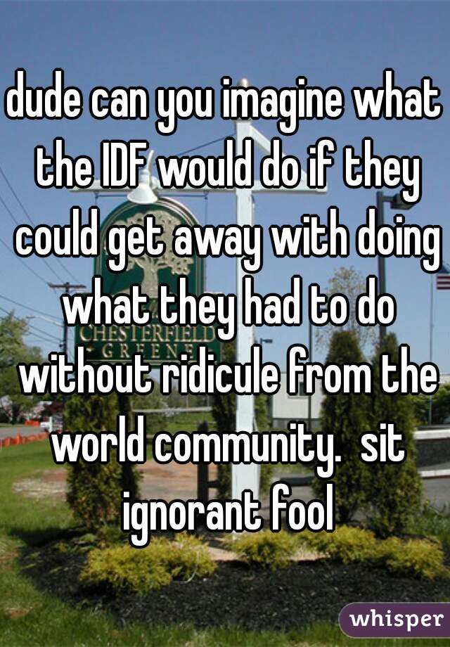 dude can you imagine what the IDF would do if they could get away with doing what they had to do without ridicule from the world community.  sit ignorant fool