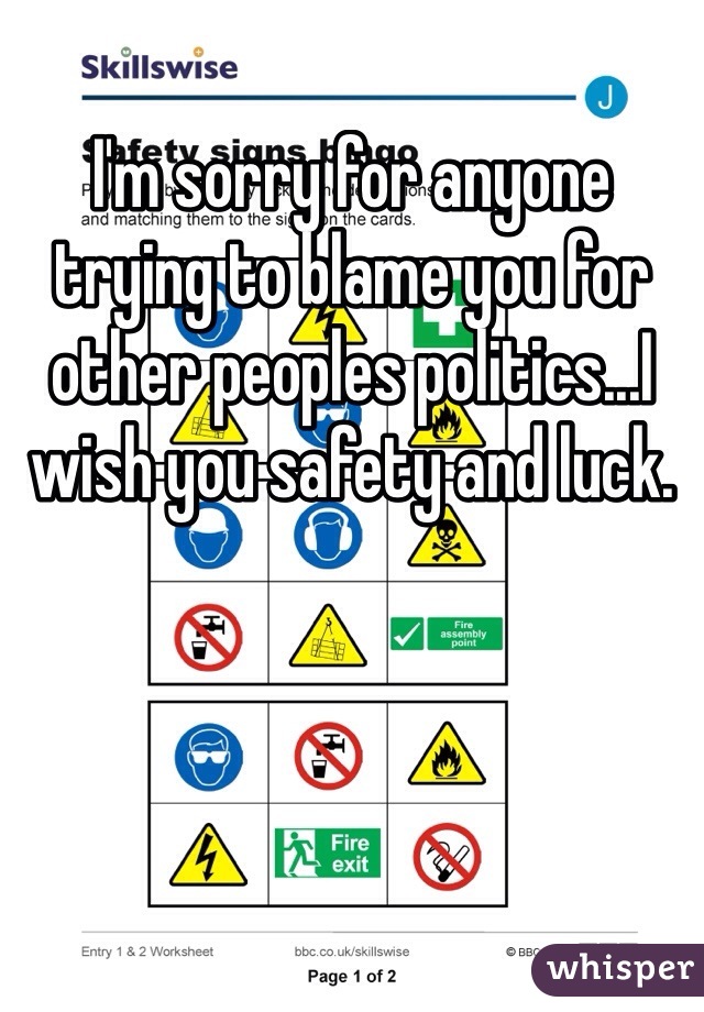 I'm sorry for anyone trying to blame you for other peoples politics...I wish you safety and luck.