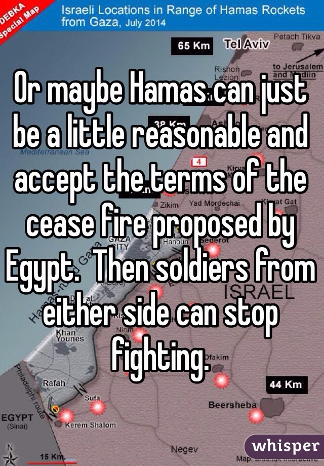 Or maybe Hamas can just be a little reasonable and accept the terms of the cease fire proposed by Egypt.  Then soldiers from either side can stop fighting. 