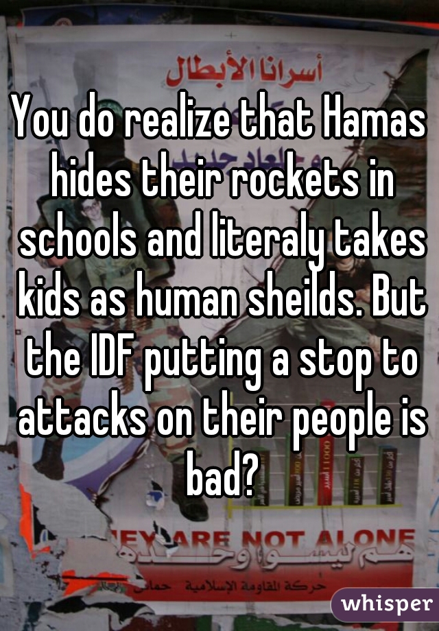 You do realize that Hamas hides their rockets in schools and literaly takes kids as human sheilds. But the IDF putting a stop to attacks on their people is bad?