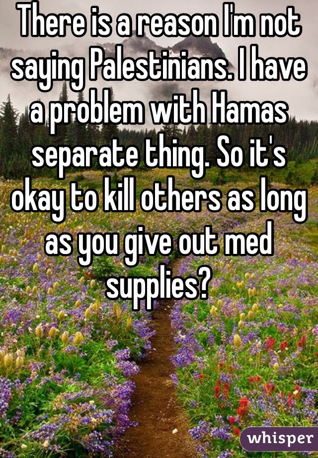 There is a reason I'm not saying Palestinians. I have a problem with Hamas separate thing. So it's okay to kill others as long as you give out med supplies? 