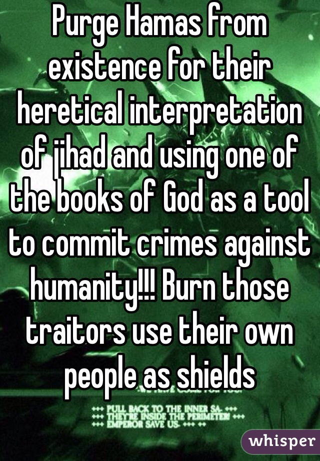 Purge Hamas from existence for their heretical interpretation of jihad and using one of the books of God as a tool to commit crimes against humanity!!! Burn those traitors use their own people as shields 