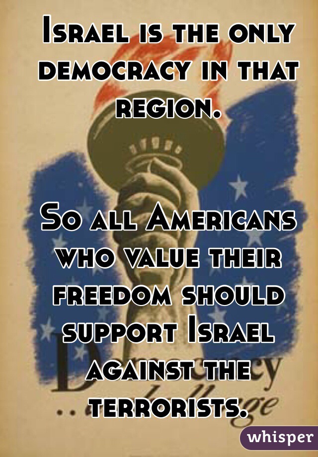 Israel is the only democracy in that region. 


So all Americans who value their freedom should support Israel against the terrorists. 