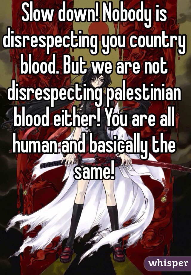 Slow down! Nobody is disrespecting you country blood. But we are not disrespecting palestinian blood either! You are all human and basically the same!  