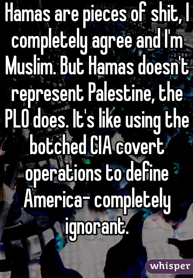 Hamas are pieces of shit, I completely agree and I'm Muslim. But Hamas doesn't represent Palestine, the PLO does. It's like using the botched CIA covert operations to define America- completely ignorant.