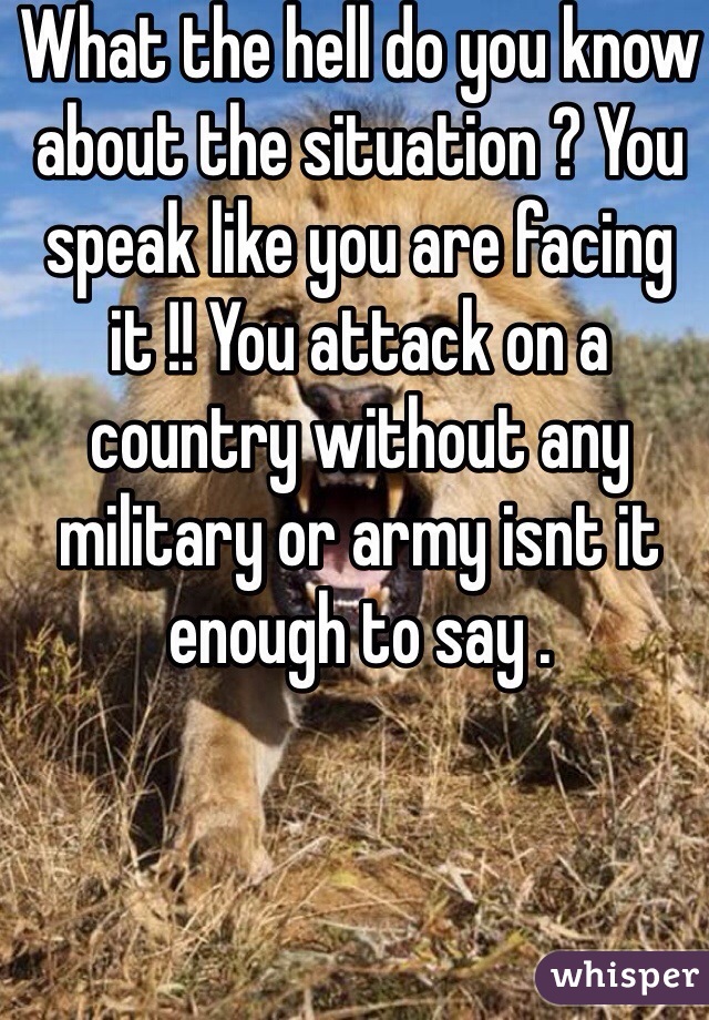 What the hell do you know about the situation ? You speak like you are facing it !! You attack on a country without any military or army isnt it enough to say . 