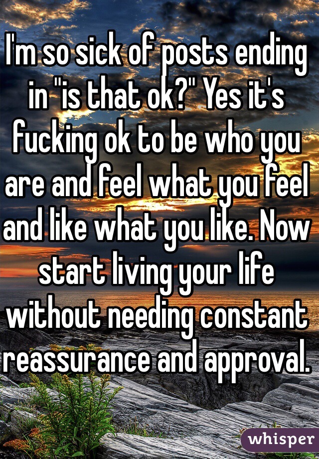 I'm so sick of posts ending in "is that ok?" Yes it's fucking ok to be who you are and feel what you feel and like what you like. Now start living your life without needing constant reassurance and approval.
