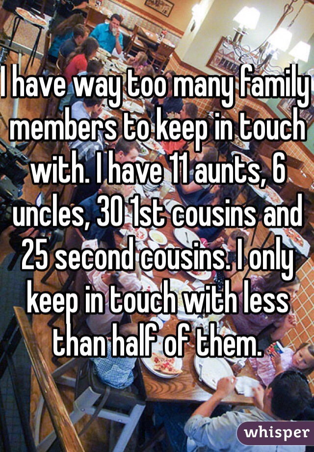 I have way too many family members to keep in touch with. I have 11 aunts, 6 uncles, 30 1st cousins and 25 second cousins. I only keep in touch with less than half of them.