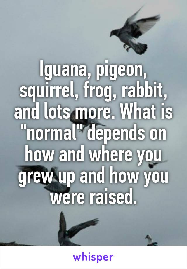 Iguana, pigeon, squirrel, frog, rabbit, and lots more. What is "normal" depends on how and where you grew up and how you were raised.
