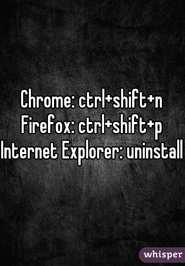 Chrome: ctrl+shift+n
Firefox: ctrl+shift+p
Internet Explorer: uninstall