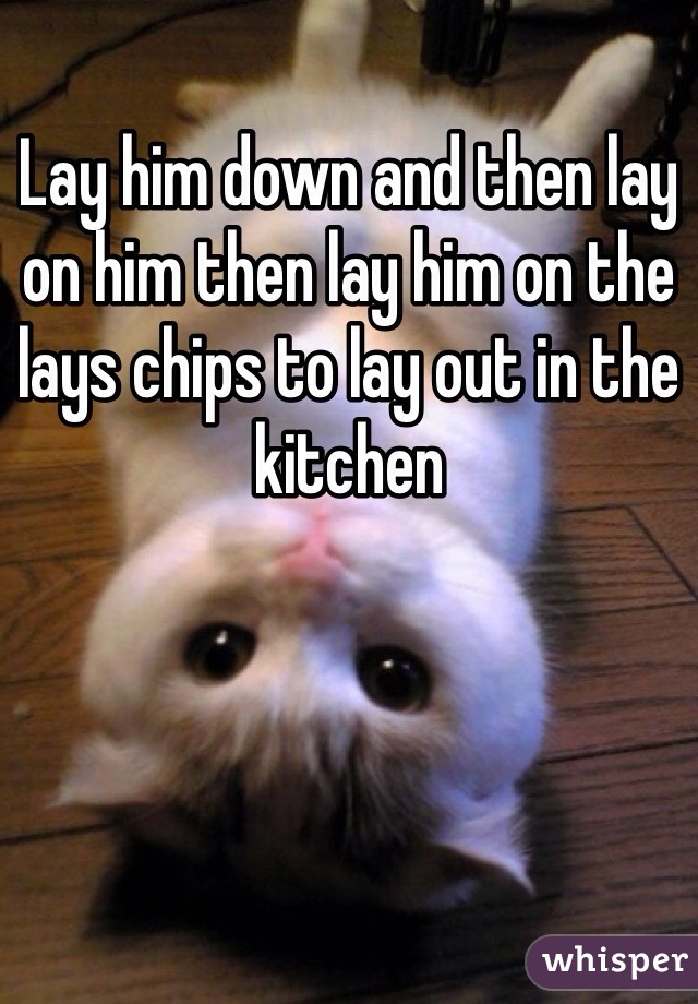 Lay him down and then lay on him then lay him on the lays chips to lay out in the kitchen