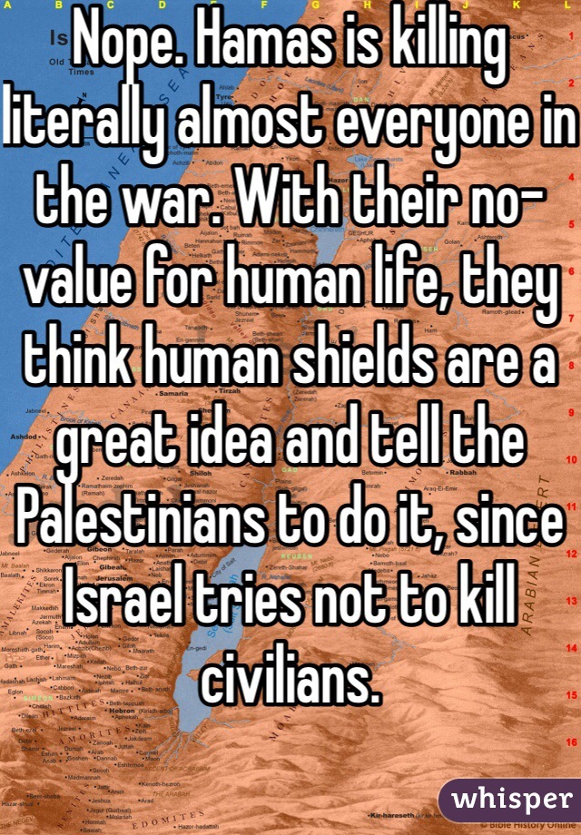 Nope. Hamas is killing literally almost everyone in the war. With their no-value for human life, they think human shields are a great idea and tell the Palestinians to do it, since Israel tries not to kill civilians. 