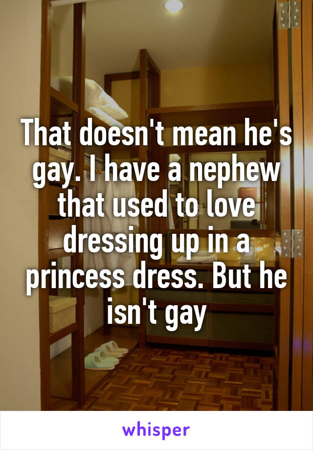 That doesn't mean he's gay. I have a nephew that used to love dressing up in a princess dress. But he isn't gay