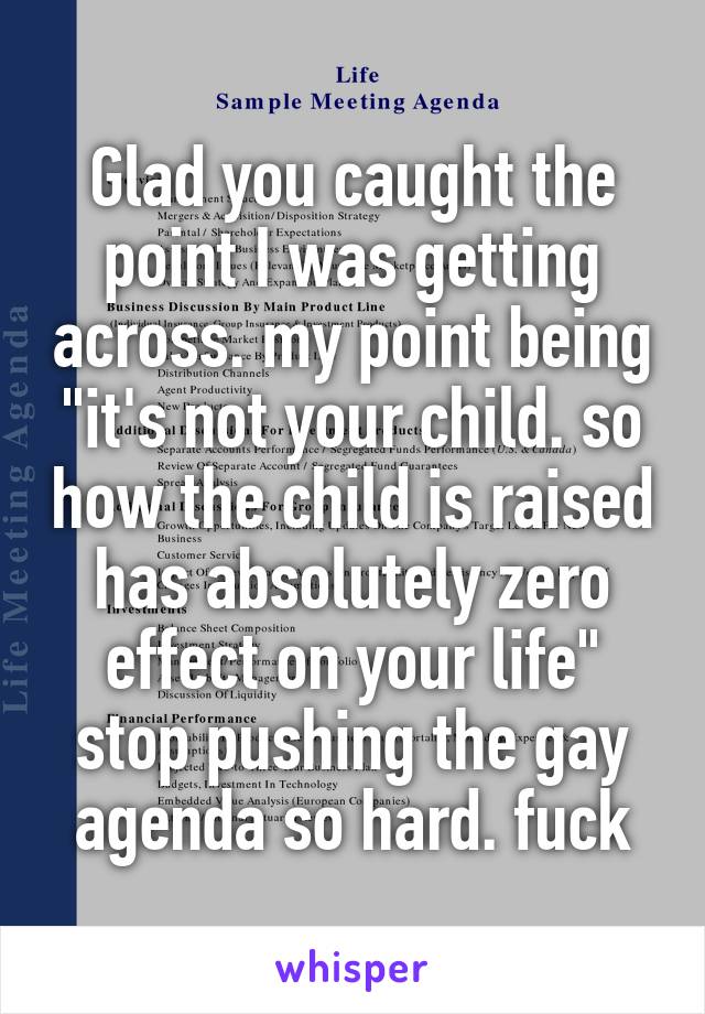 Glad you caught the point I was getting across. my point being "it's not your child. so how the child is raised has absolutely zero effect on your life" stop pushing the gay agenda so hard. fuck