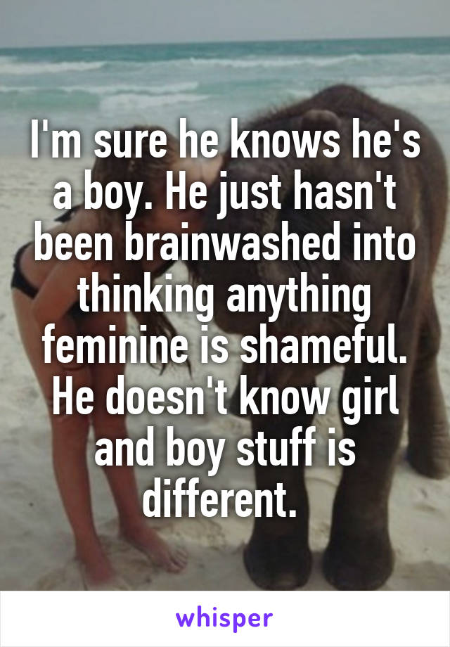 I'm sure he knows he's a boy. He just hasn't been brainwashed into thinking anything feminine is shameful. He doesn't know girl and boy stuff is different. 