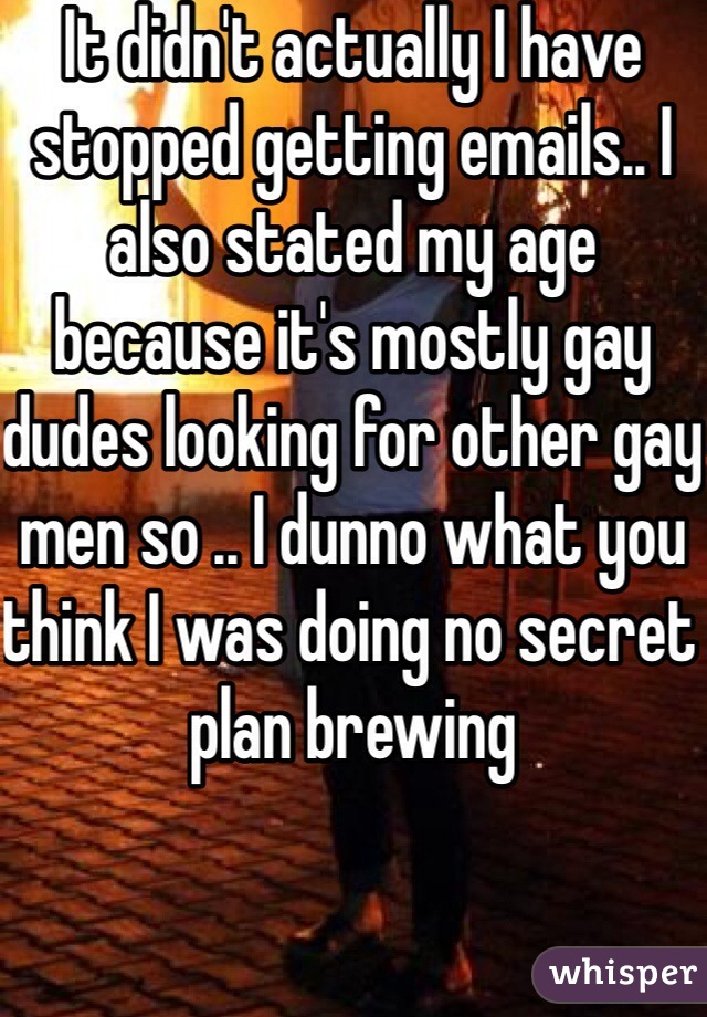 It didn't actually I have stopped getting emails.. I also stated my age because it's mostly gay dudes looking for other gay men so .. I dunno what you think I was doing no secret plan brewing