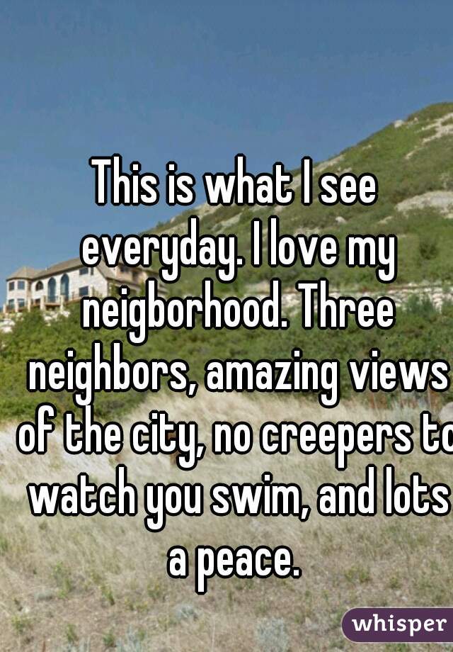 This is what I see everyday. I love my neigborhood. Three neighbors, amazing views of the city, no creepers to watch you swim, and lots a peace. 