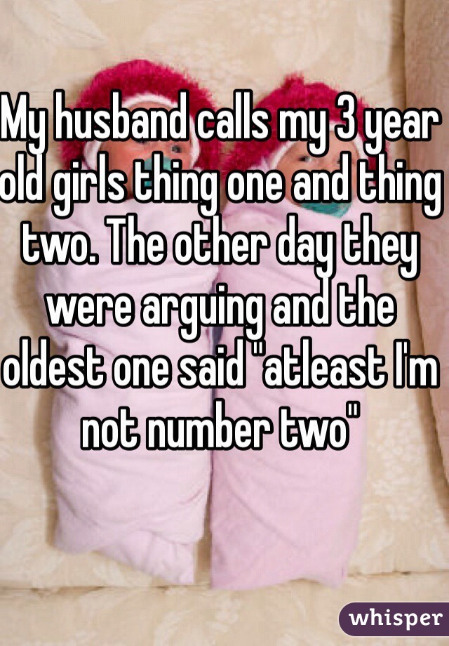 My husband calls my 3 year old girls thing one and thing two. The other day they were arguing and the oldest one said "atleast I'm not number two" 