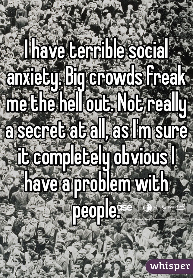 I have terrible social anxiety. Big crowds freak me the hell out. Not really a secret at all, as I'm sure it completely obvious I have a problem with people. 