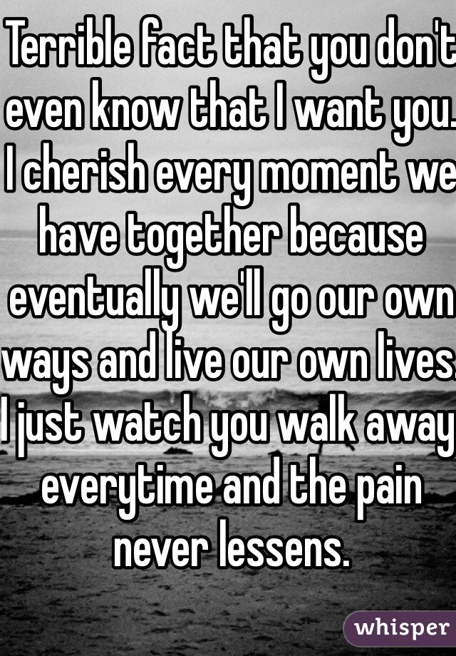 Terrible fact that you don't even know that I want you. I cherish every moment we have together because eventually we'll go our own ways and live our own lives. I just watch you walk away everytime and the pain never lessens. 
