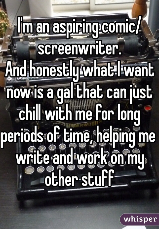 I'm an aspiring comic/screenwriter. 
And honestly what I want now is a gal that can just chill with me for long periods of time, helping me write and work on my other stuff