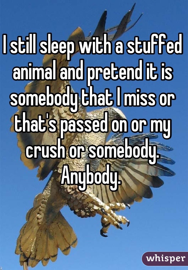 I still sleep with a stuffed animal and pretend it is somebody that I miss or that's passed on or my crush or somebody. Anybody. 
