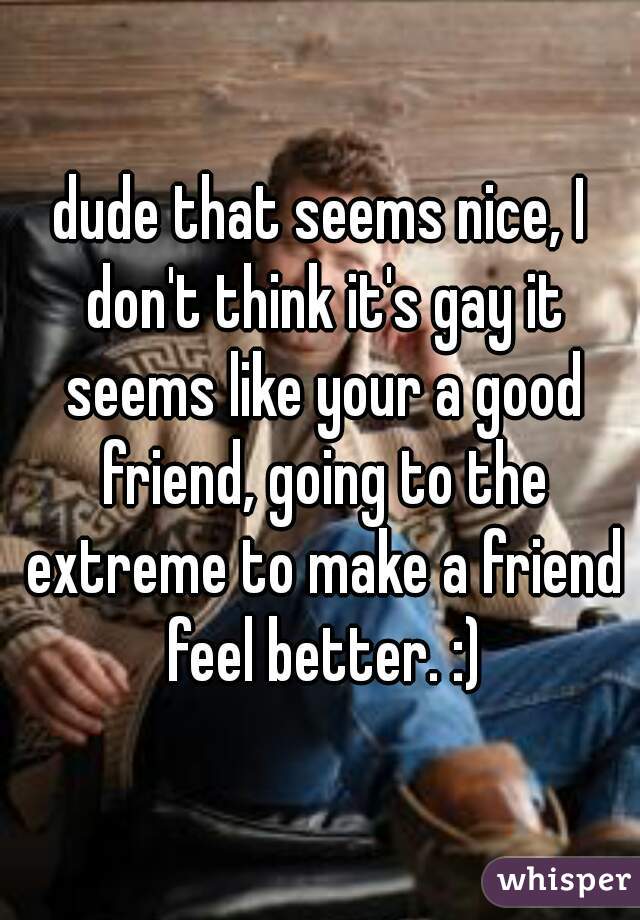dude that seems nice, I don't think it's gay it seems like your a good friend, going to the extreme to make a friend feel better. :)