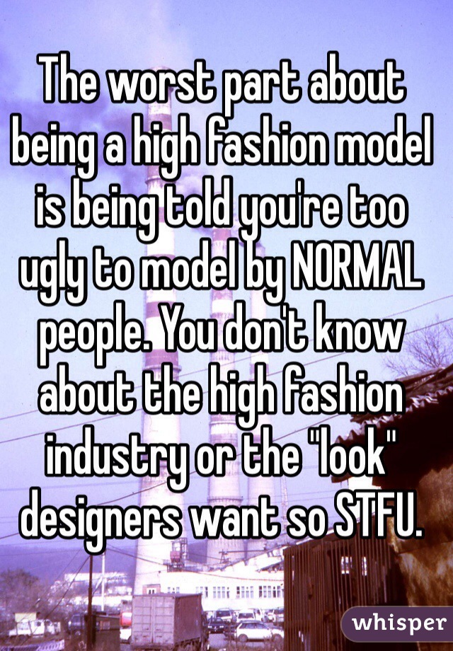 The worst part about being a high fashion model is being told you're too ugly to model by NORMAL people. You don't know about the high fashion industry or the "look" designers want so STFU.