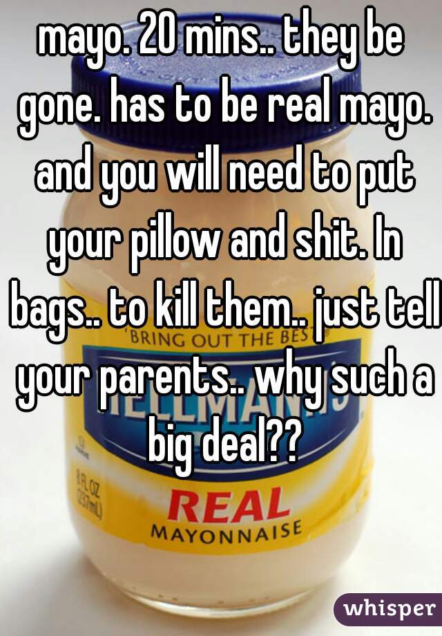 mayo. 20 mins.. they be gone. has to be real mayo. and you will need to put your pillow and shit. In bags.. to kill them.. just tell your parents.. why such a big deal??
