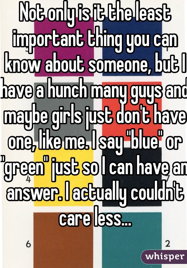 Not only is it the least important thing you can know about someone, but I have a hunch many guys and maybe girls just don't have one, like me. I say "blue" or "green" just so I can have an answer. I actually couldn't care less...