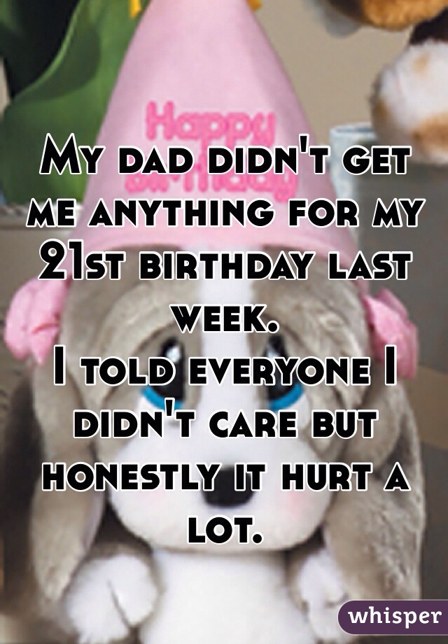 

My dad didn't get me anything for my 21st birthday last week. 
I told everyone I didn't care but honestly it hurt a lot.