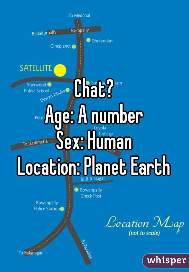 Chat?

Age: A number
Sex: Human
Location: Planet Earth