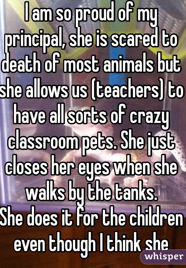 I am so proud of my principal, she is scared to death of most animals but she allows us (teachers) to have all sorts of crazy classroom pets. She just closes her eyes when she walks by the tanks.
She does it for the children even though I think she wants to cry!