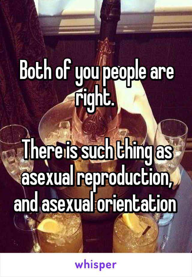 Both of you people are right. 

There is such thing as asexual reproduction, and asexual orientation 