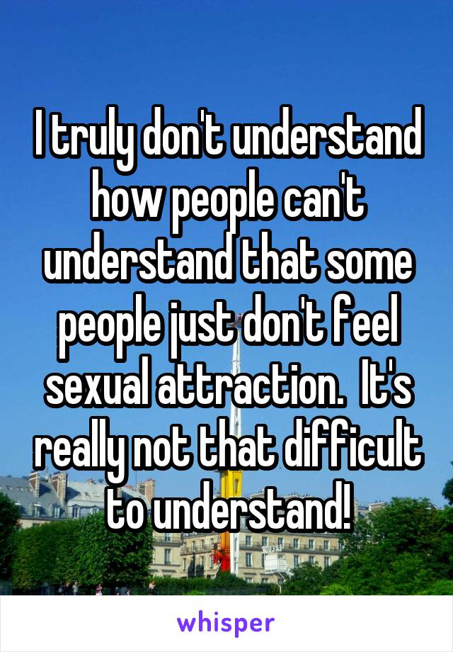 I truly don't understand how people can't understand that some people just don't feel sexual attraction.  It's really not that difficult to understand!