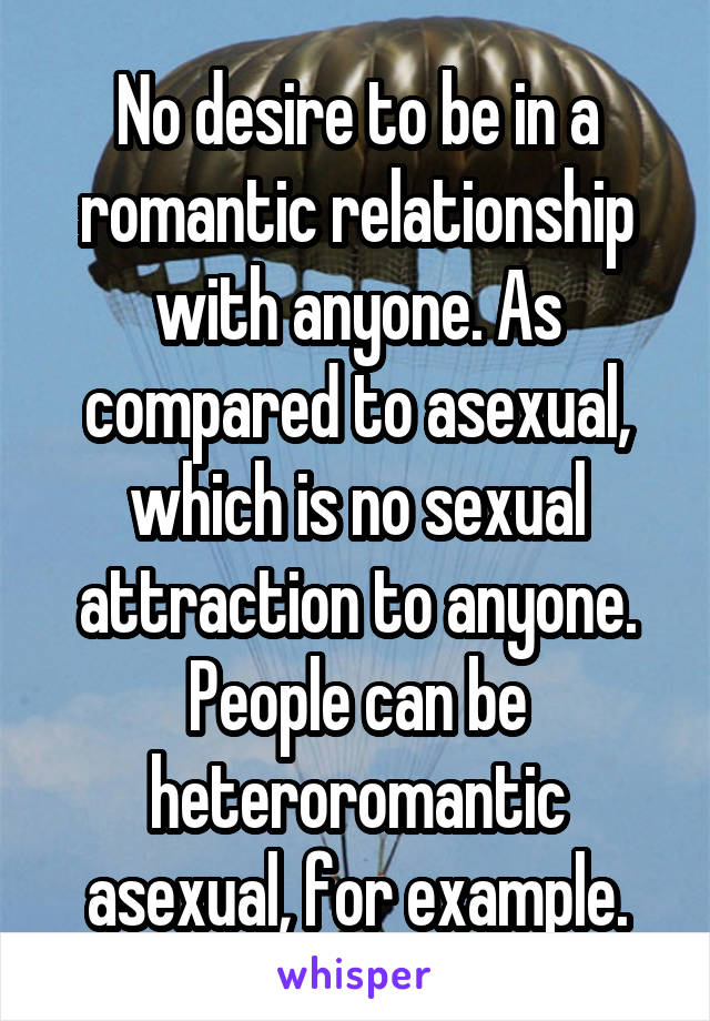 No desire to be in a romantic relationship with anyone. As compared to asexual, which is no sexual attraction to anyone. People can be heteroromantic asexual, for example.