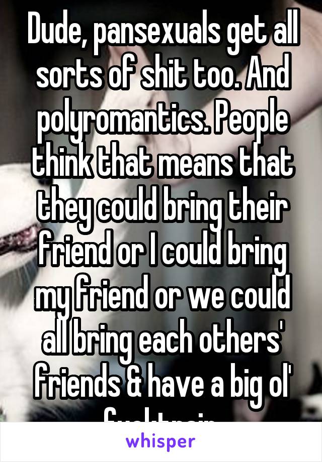 Dude, pansexuals get all sorts of shit too. And polyromantics. People think that means that they could bring their friend or I could bring my friend or we could all bring each others' friends & have a big ol' fucktrain.