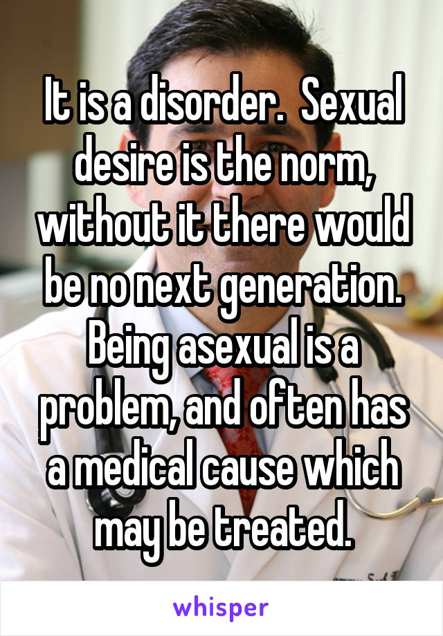 It is a disorder.  Sexual desire is the norm, without it there would be no next generation. Being asexual is a problem, and often has a medical cause which may be treated.